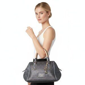 Guess Park Lane Satchel Handbag Pewter Grey Laser Cut Logo Doctor Bag Purse
